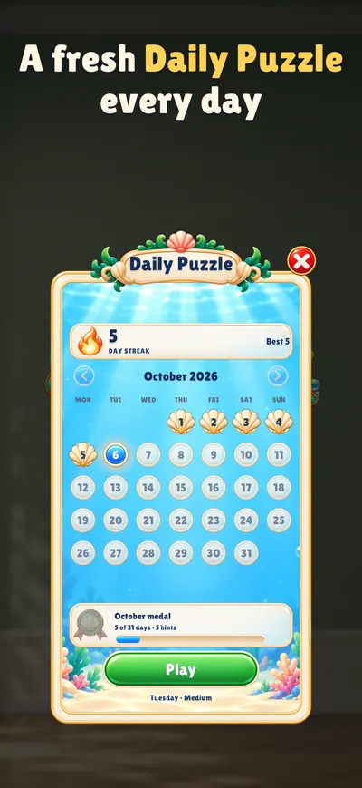 The Daily Puzzle calendar with a streak and shells on the days already solved.